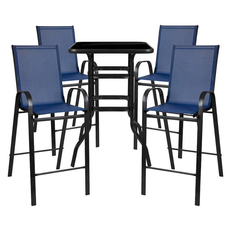 5 Piece Outdoor Glass Bar Patio Table Set with 4 Barstools