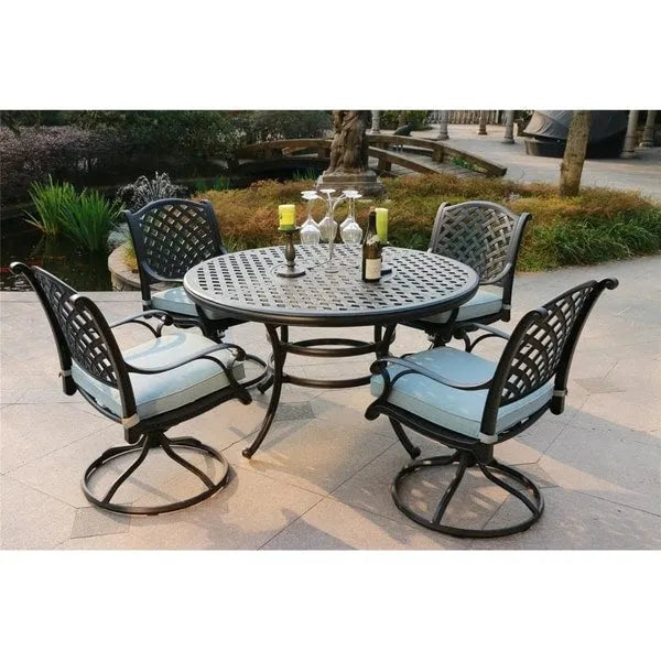 Set da pranzo rotondo South Ponto a 5 pezzi in alluminio bronzato anticato con sedie girevoli di Havenside Home