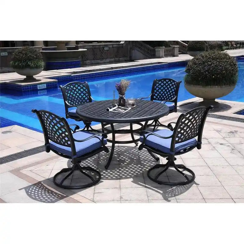 Set da pranzo rotondo South Ponto a 5 pezzi in alluminio bronzato anticato con sedie girevoli di Havenside Home