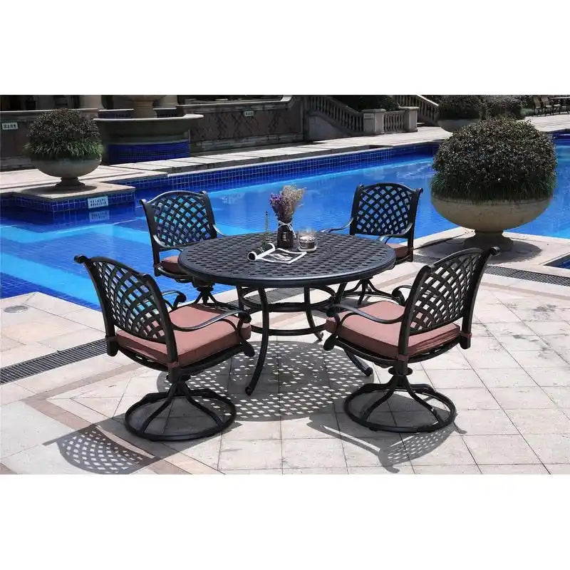 Set da pranzo rotondo South Ponto a 5 pezzi in alluminio bronzato anticato con sedie girevoli di Havenside Home