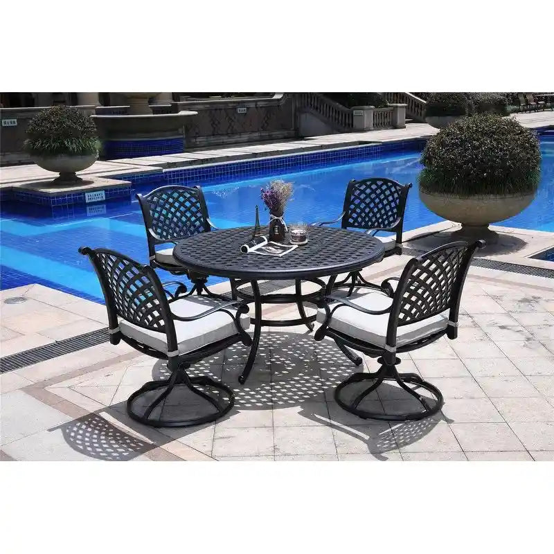 Set da pranzo rotondo South Ponto a 5 pezzi in alluminio bronzato anticato con sedie girevoli di Havenside Home
