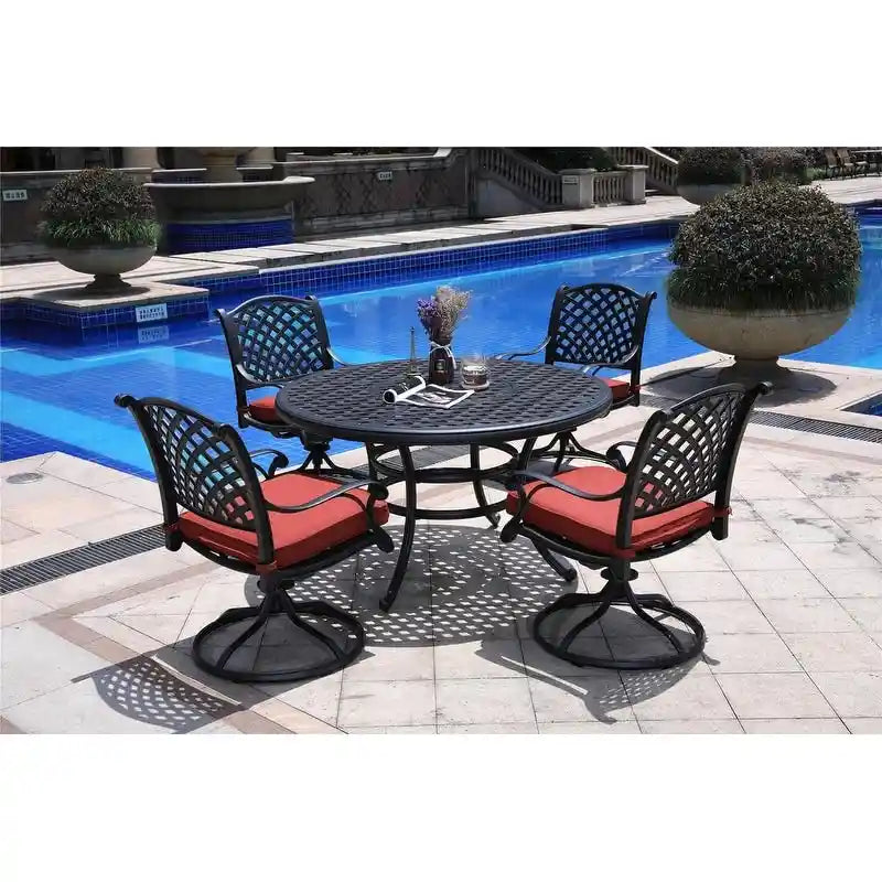 Set da pranzo rotondo South Ponto a 5 pezzi in alluminio bronzato anticato con sedie girevoli di Havenside Home