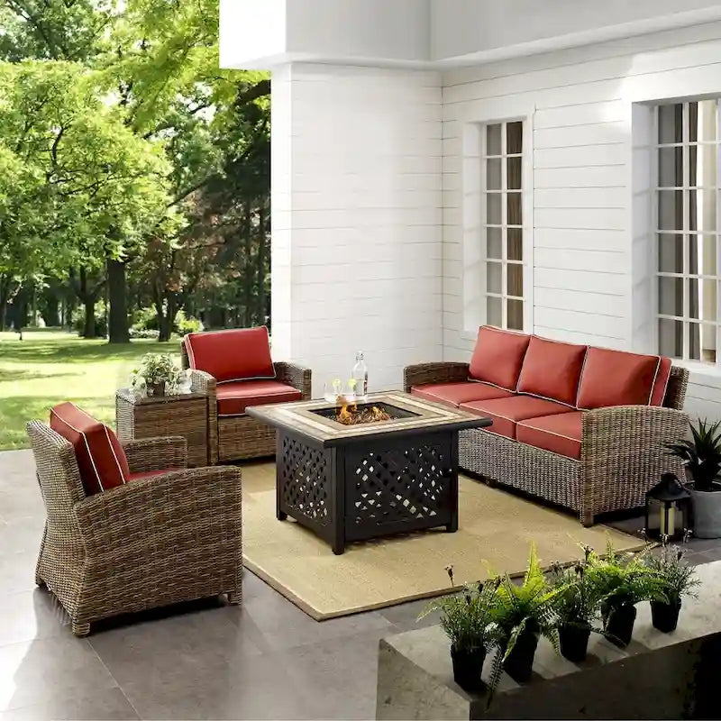 Crosley Bradenton 5-Piece Outdoor Wicker Sofa Conversation Set With Sangria Cushions - 94.5 W x 94.5 D x 32.5 H