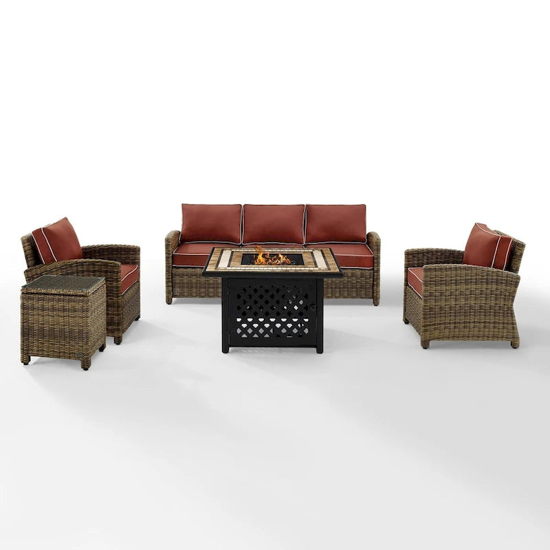 Crosley Bradenton 5-Piece Outdoor Wicker Sofa Conversation Set With Sangria Cushions - 94.5 W x 94.5 D x 32.5 H