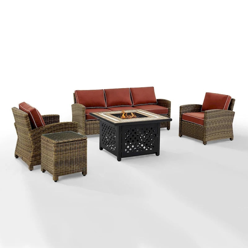 Crosley Bradenton 5-Piece Outdoor Wicker Sofa Conversation Set With Sangria Cushions - 94.5 W x 94.5 D x 32.5 H