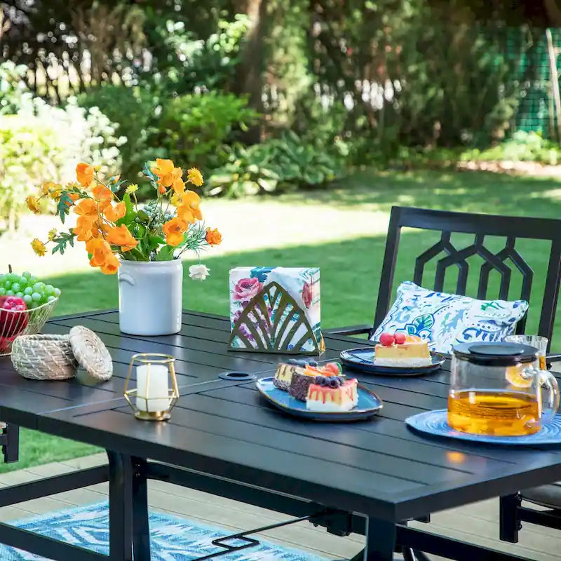 MAISON ARTS Set da pranzo da esterno da 7 pezzi in acciaio con tavolo e sedie girevoli con cuscini