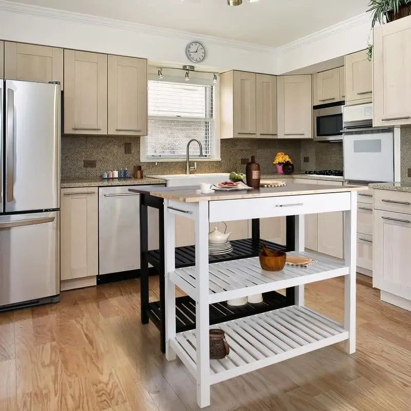 2-shelf Natural Solid Wood Top Kitchen Island - N/A