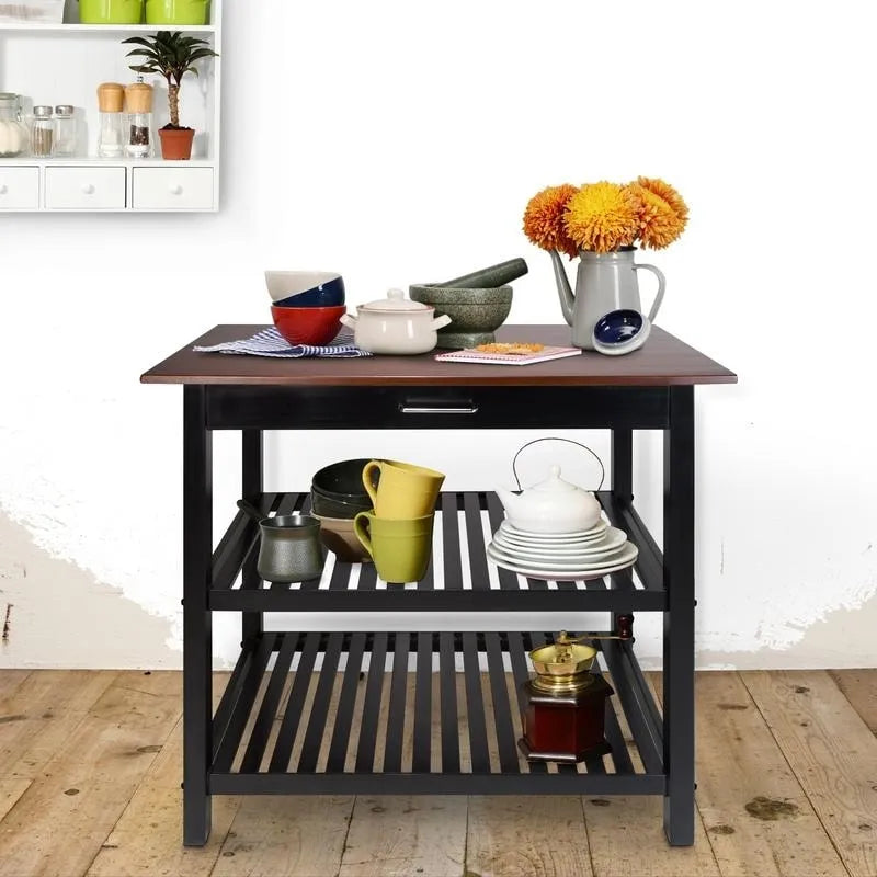 2-shelf Natural Solid Wood Top Kitchen Island - N/A