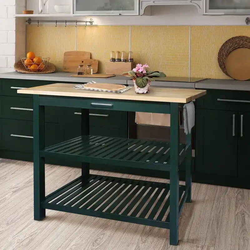 2-shelf Natural Solid Wood Top Kitchen Island - N/A
