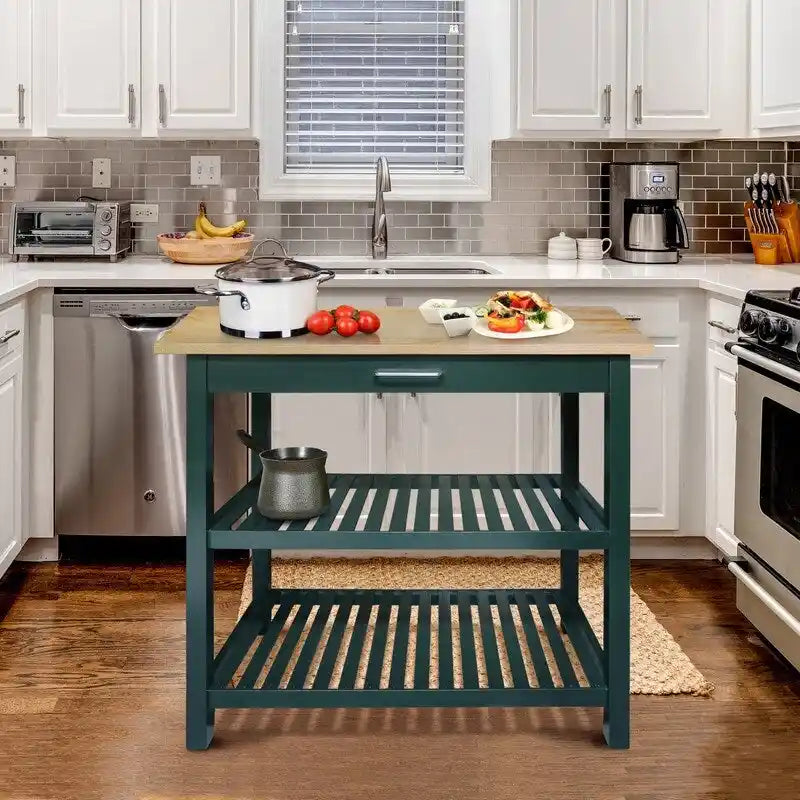 2-shelf Natural Solid Wood Top Kitchen Island - N/A