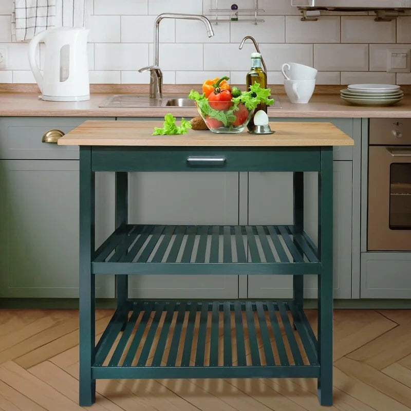 2-shelf Natural Solid Wood Top Kitchen Island - N/A