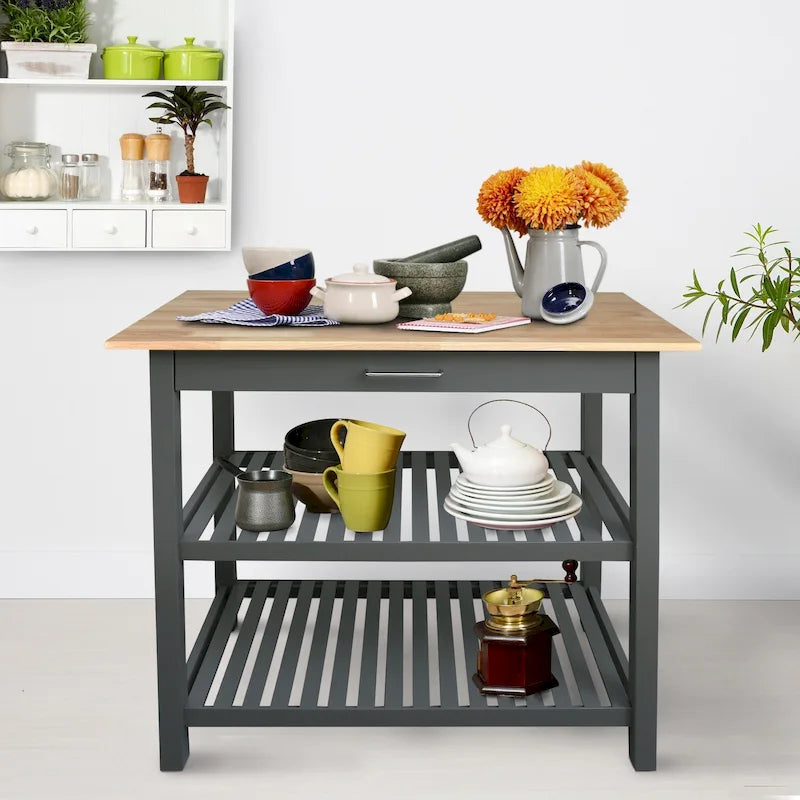 2-shelf Natural Solid Wood Top Kitchen Island - N/A