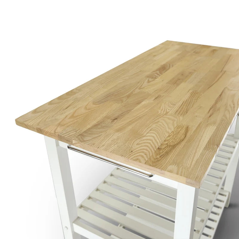 2-shelf Natural Solid Wood Top Kitchen Island - N/A