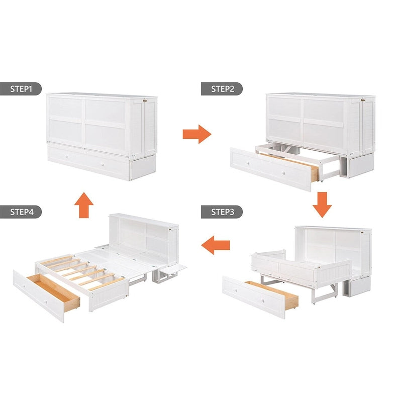 Merax Queen Mobile Murphy Bed with Drawer, Little Shelves on Each Side