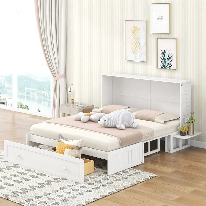 Merax Queen Mobile Murphy Bed with Drawer, Little Shelves on Each Side