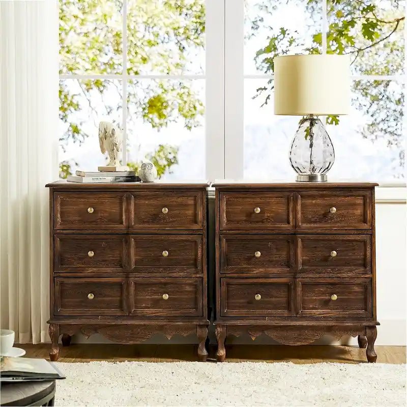 Pallantium Farmhouse 30Tall Comodino in Stile Vissuto con 3 Cassetti, Gambe in Legno Massello e Piedini Regolabili, Set da 2 di HULALA HOME