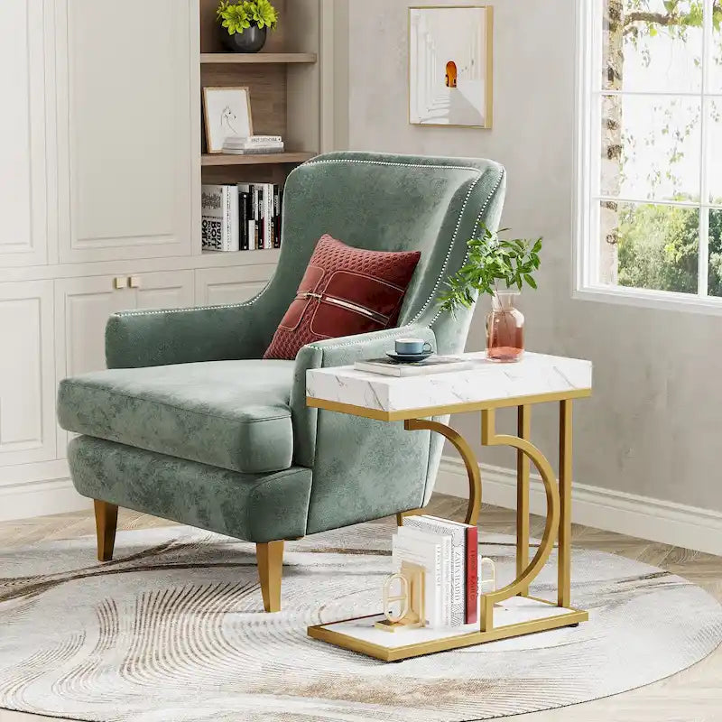 Narrow Side Table White Gold Side Table C Shaped End Table Modern Bedside Table Small Side Table for Couch Living Room