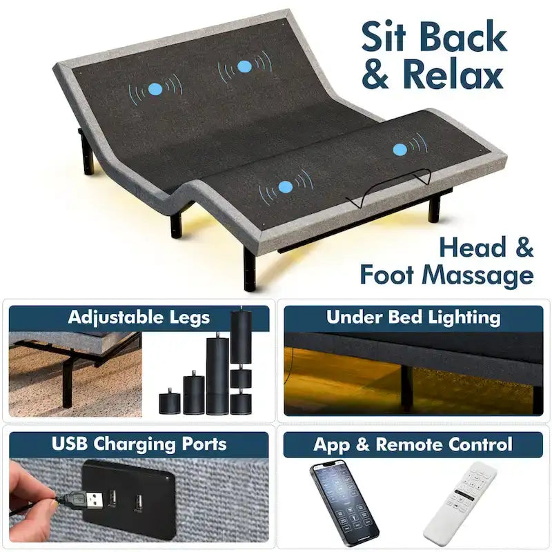 Base letto regolabile Renanim Zero Gravity con materasso in memory foam da 12 pollici, doppio massaggio, USB, luce sotto il letto, telecomando, controllo tramite app