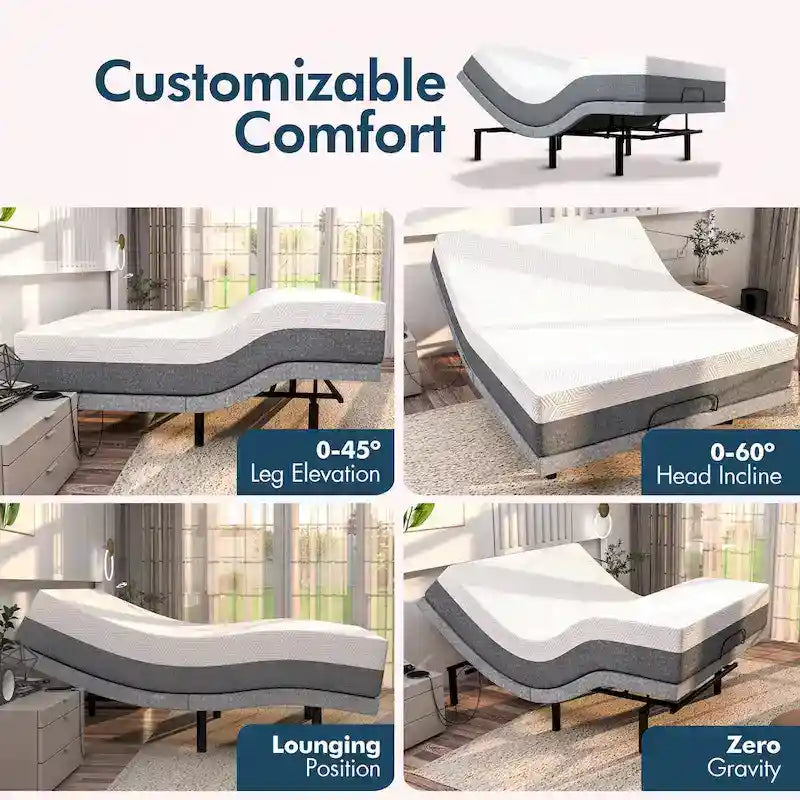 Base letto regolabile Renanim Zero Gravity con materasso in memory foam da 12 pollici, doppio massaggio, USB, luce sotto il letto, telecomando, controllo tramite app