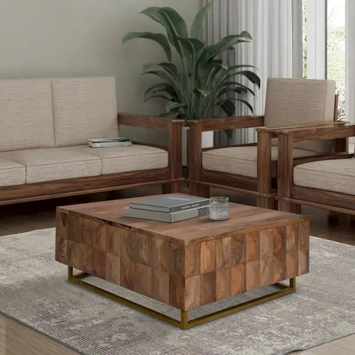 Tavolino da Caffè Baule Contenitore con Piano Sollevabile, Quadrato, Legno di Mango, Marrone Naturale, 33 Pollici