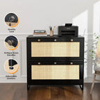 Wood Rattan 2-Drawer Lateral File Cabinet with Lock for Home Office