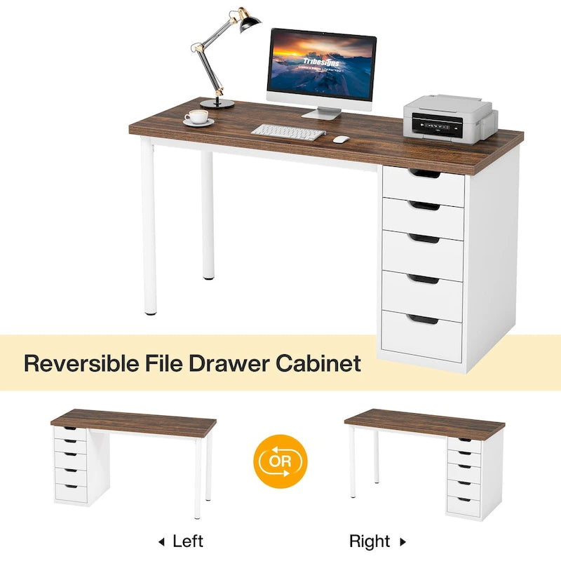 47-inch Computer Desk with 5-drawer, Wood and Metal Writing Desk for Study Living Room