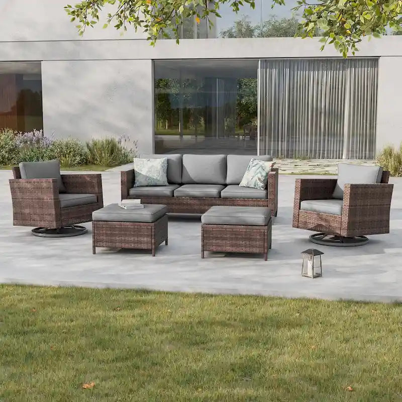BONOSUKI 5Pcs Patio Furniture Swivel Rocking Sofa Set Brown Rattan