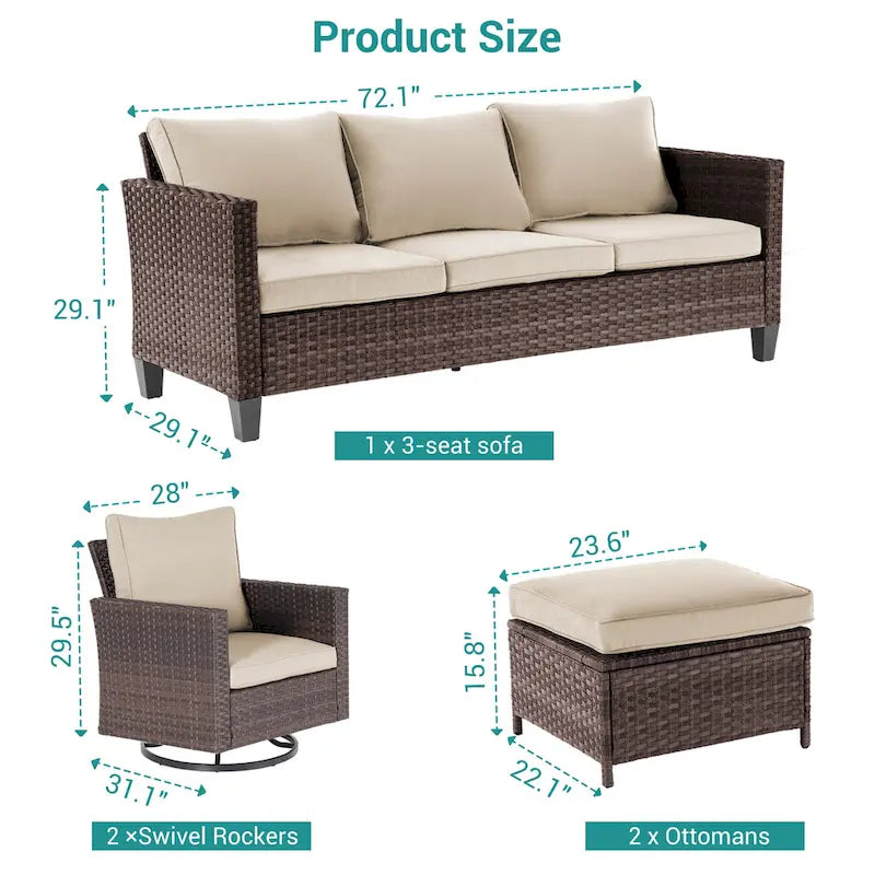 BONOSUKI 5Pcs Patio Furniture Swivel Rocking Sofa Set Brown Rattan