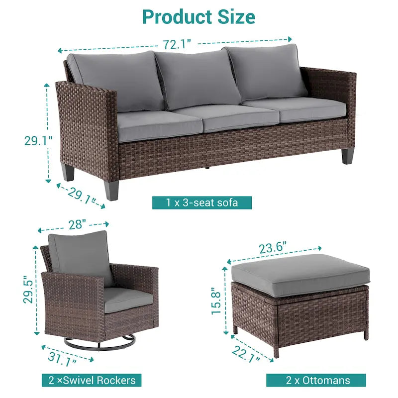 BONOSUKI 5Pcs Patio Furniture Swivel Rocking Sofa Set Brown Rattan