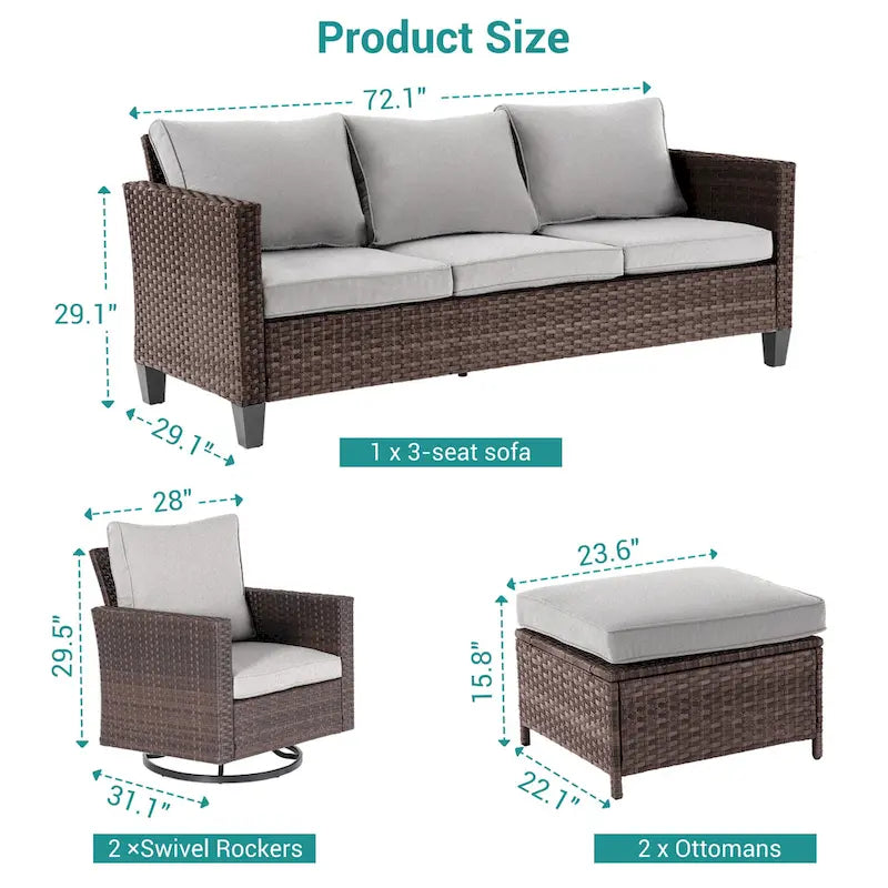 BONOSUKI 5Pcs Patio Furniture Swivel Rocking Sofa Set Brown Rattan