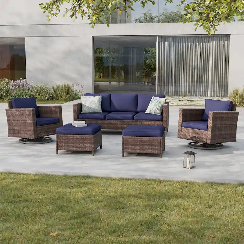 BONOSUKI 5Pcs Patio Furniture Swivel Rocking Sofa Set Brown Rattan