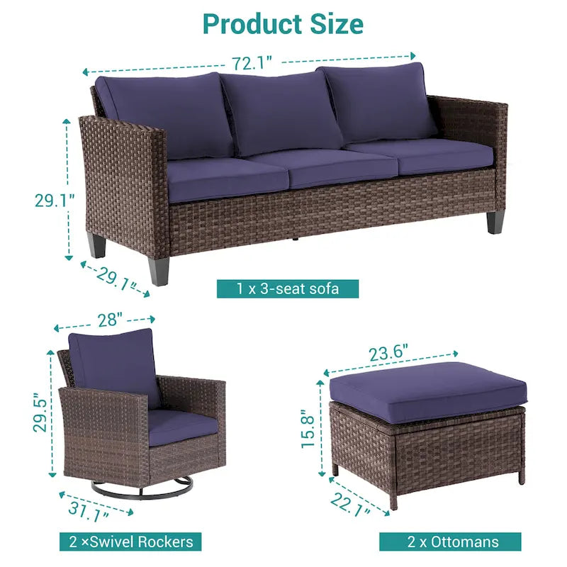 BONOSUKI 5Pcs Patio Furniture Swivel Rocking Sofa Set Brown Rattan