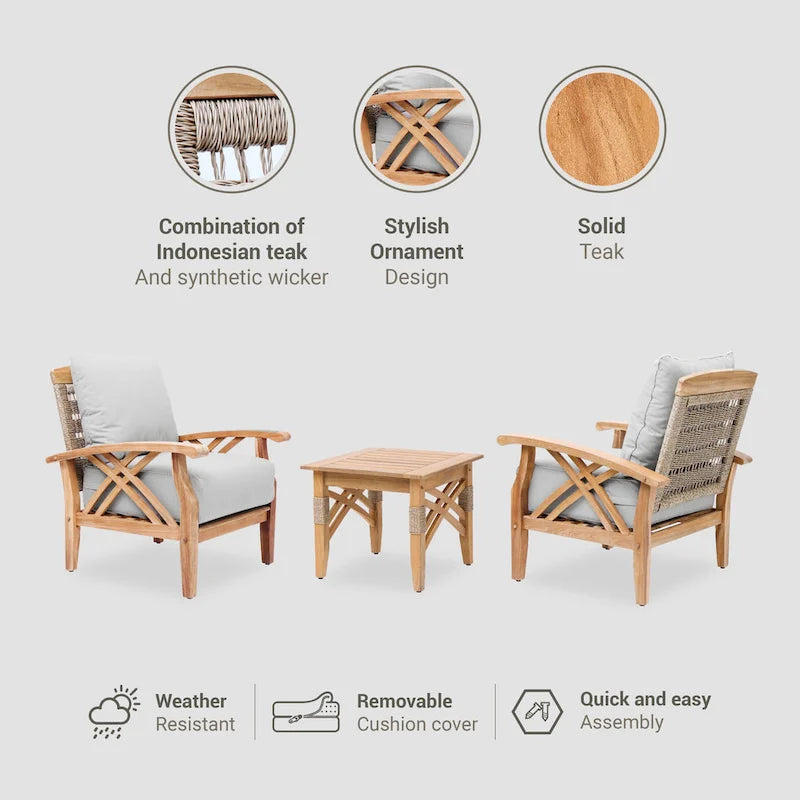 Cambridge Casual Carmel 3-Piece Teak Patio Chat Set with Cushions