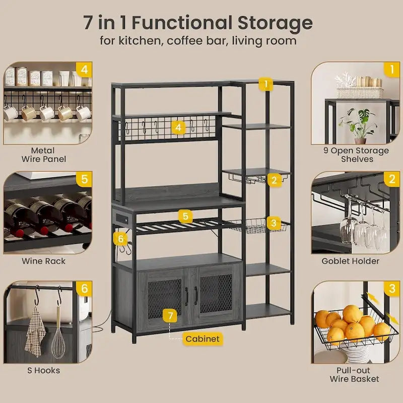 47.2 in Bakers Rack with Power Outlet Coffee Bar with Cabinet