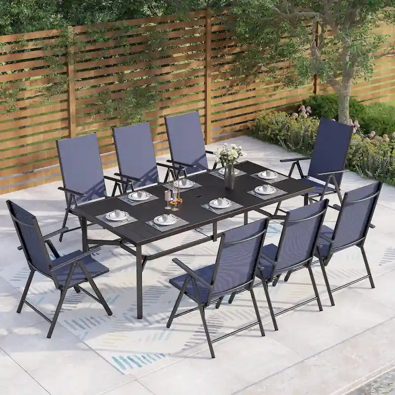 Set da pranzo da 9 pezzi per patio, tavolo in metallo e sedie pieghevoli con 7 livelli di regolazione