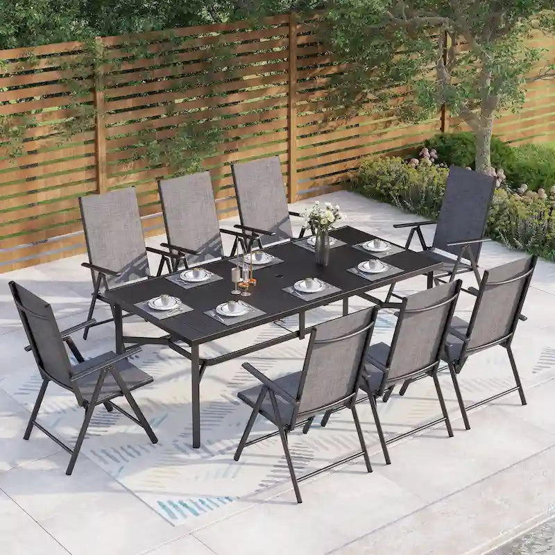 Set da pranzo da 9 pezzi per patio, tavolo in metallo e sedie pieghevoli con 7 livelli di regolazione
