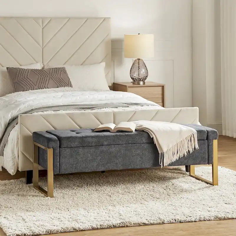 Alina Modern Upholstered Flip Top Storage Bench with Metal Legs by HULALA HOME