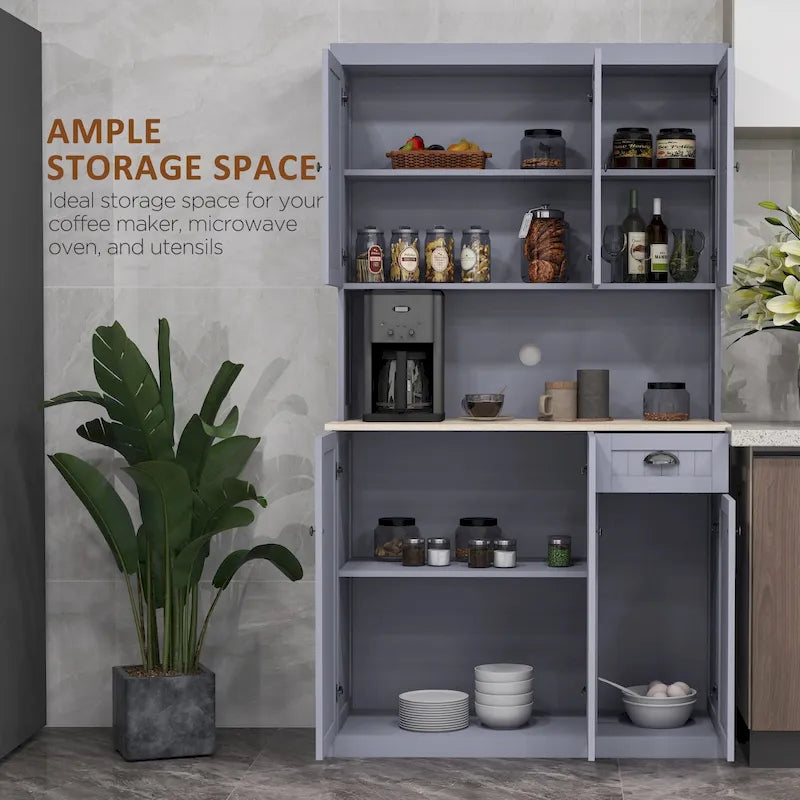 HOMCOM 71 Buffet with Hutch, Farmhouse Kitchen Pantry Storage Cabinet with Microwave Oven Countertop, Drawer