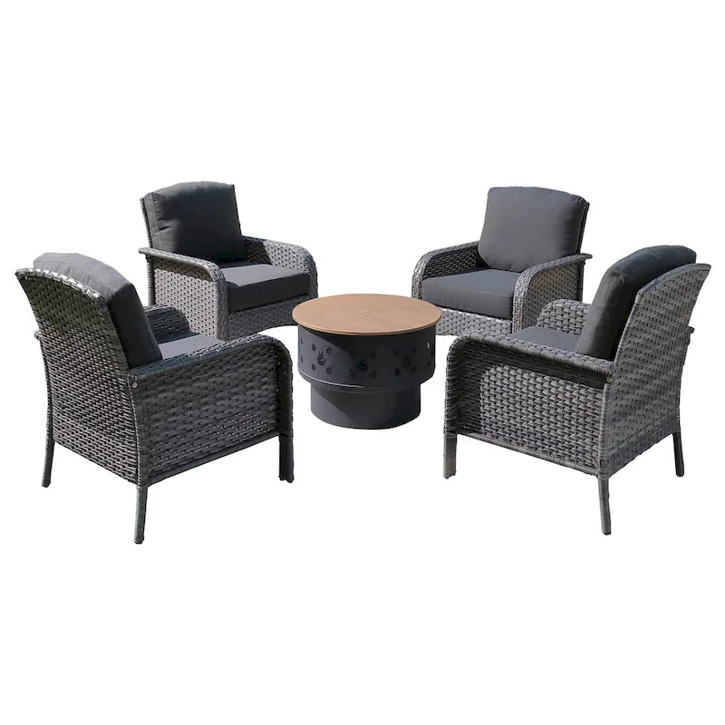XIZZI 5-piece Single Chairs Wicker Patio Furniture with Firepit