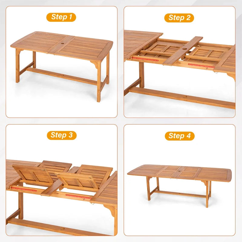 MAISON ARTS Patio Solid Acacia Wood Expandable Dining Table for 6/8 People