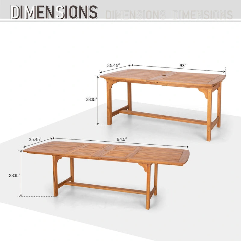 MAISON ARTS Patio Solid Acacia Wood Expandable Dining Table for 6/8 People