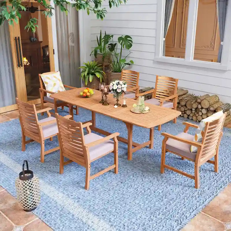 MAISON ARTS Patio Solid Acacia Wood Expandable Dining Table for 6/8 People