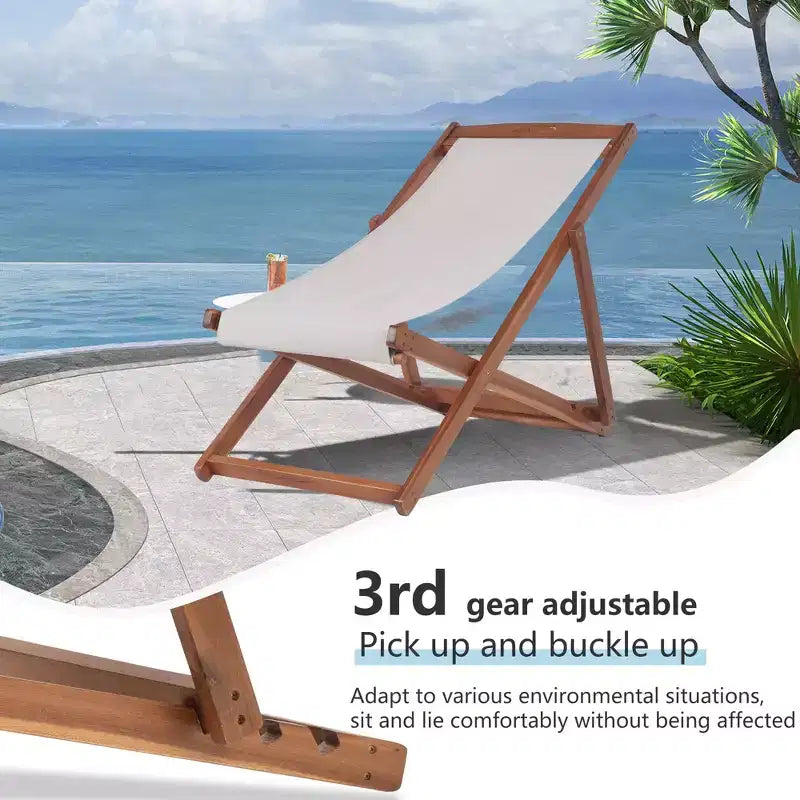 Sedia Sdraio da Spiaggia FDW per il Relax, Pieghevole con Altezza Regolabile Realizzata in Legno di Eucalipto con Poliestere Bianco