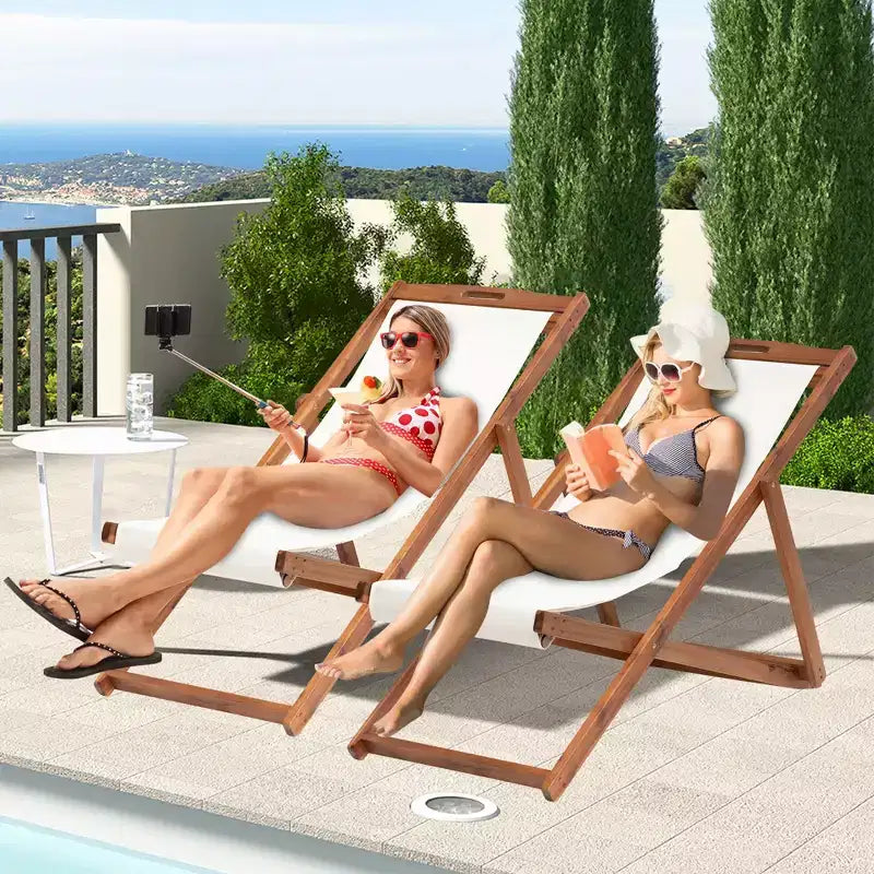 Sedia Sdraio da Spiaggia FDW per il Relax, Pieghevole con Altezza Regolabile Realizzata in Legno di Eucalipto con Poliestere Bianco