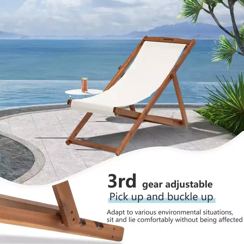 Sedia Sdraio da Spiaggia FDW per il Relax, Pieghevole con Altezza Regolabile Realizzata in Legno di Eucalipto con Poliestere Bianco