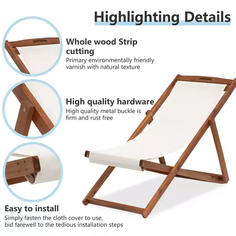 Sedia Sdraio da Spiaggia FDW per il Relax, Pieghevole con Altezza Regolabile Realizzata in Legno di Eucalipto con Poliestere Bianco
