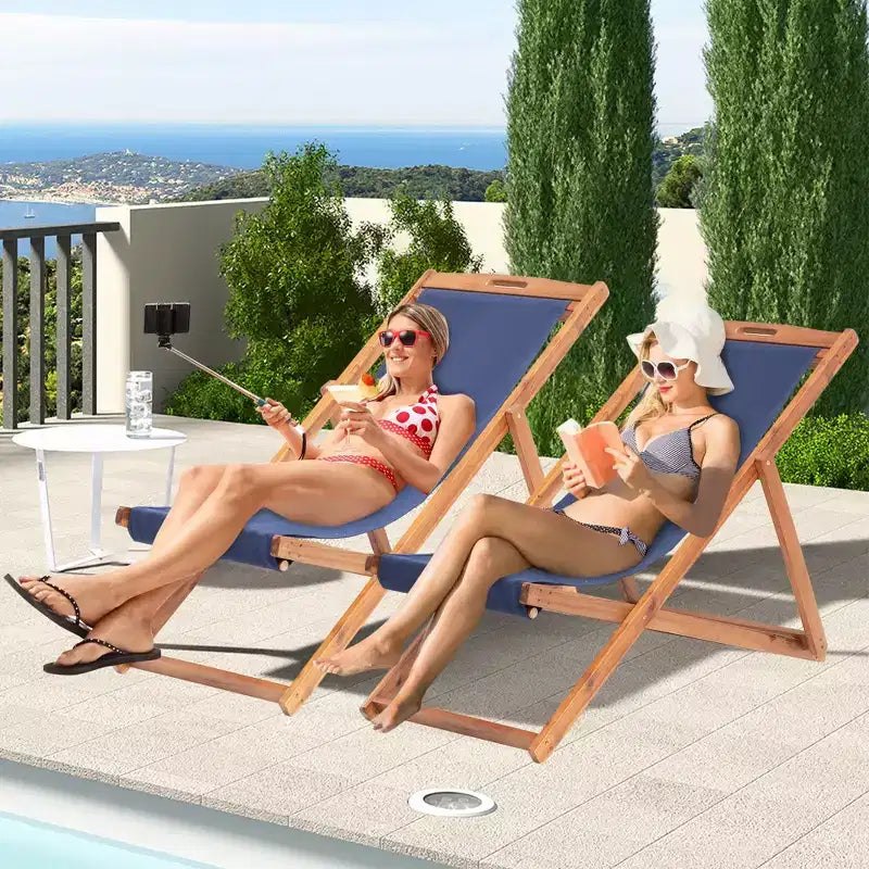 Sedia Sdraio da Spiaggia FDW per il Relax, Pieghevole con Altezza Regolabile Realizzata in Legno di Eucalipto con Poliestere Bianco