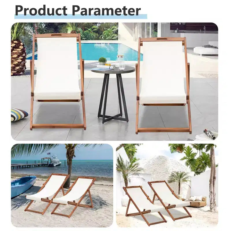 Sedia Sdraio da Spiaggia FDW per il Relax, Pieghevole con Altezza Regolabile Realizzata in Legno di Eucalipto con Poliestere Bianco