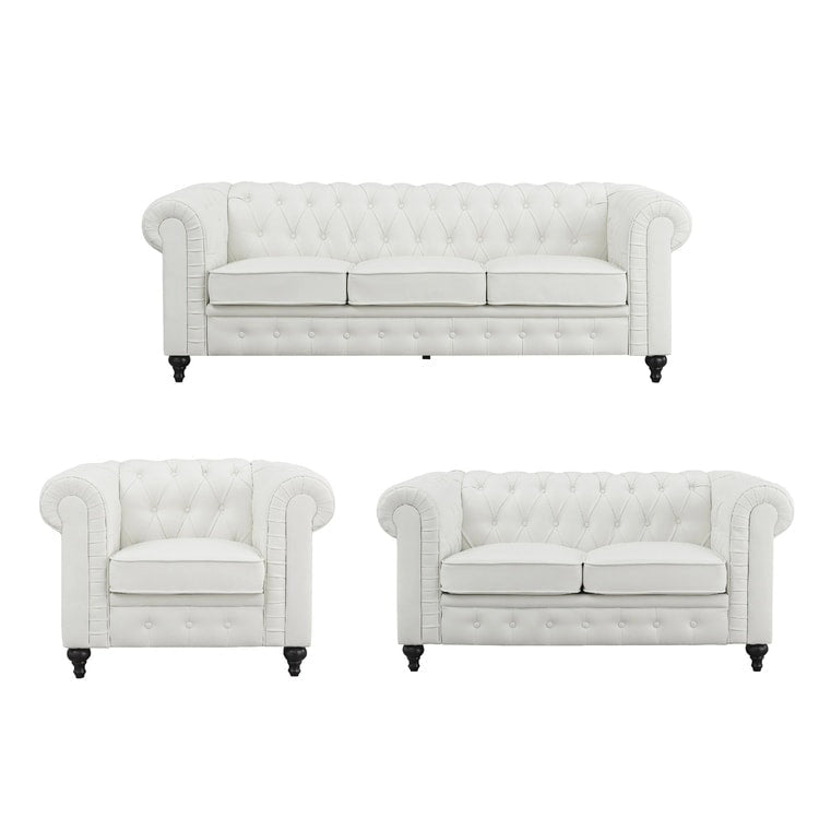 Set divano componibile Chesterfield 3 pezzi per soggiorno con braccioli arrotolati e cuscini imbottiti per salotto