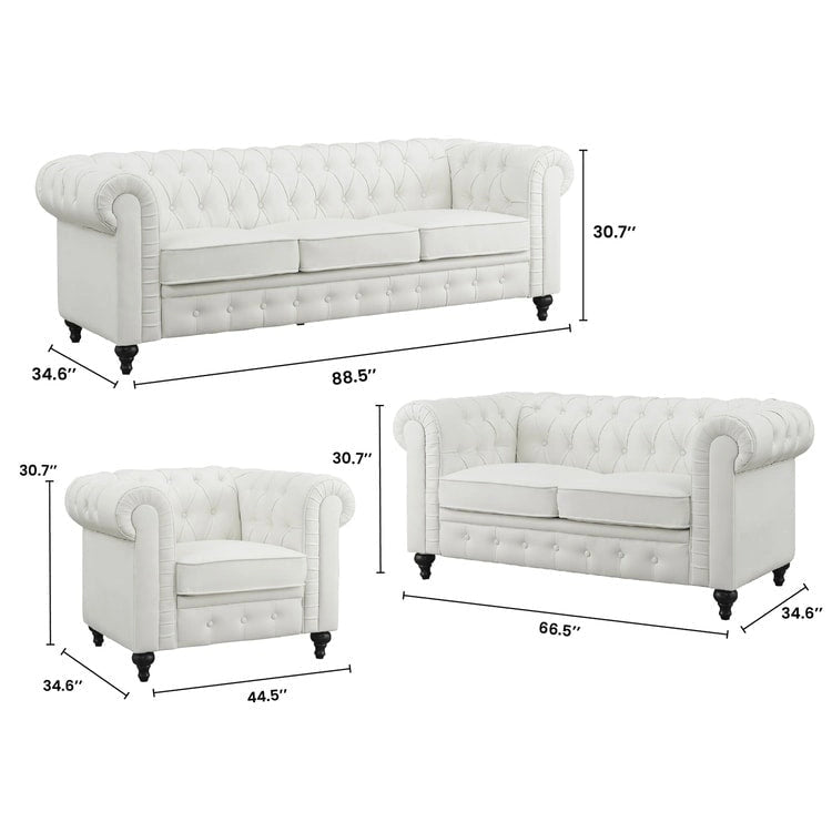 Set divano componibile Chesterfield 3 pezzi per soggiorno con braccioli arrotolati e cuscini imbottiti per salotto